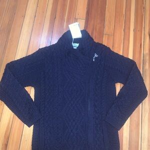 NWT Aran Crafts M Heart Cable Knit Side Zip Navy Cardigan Merino Wool